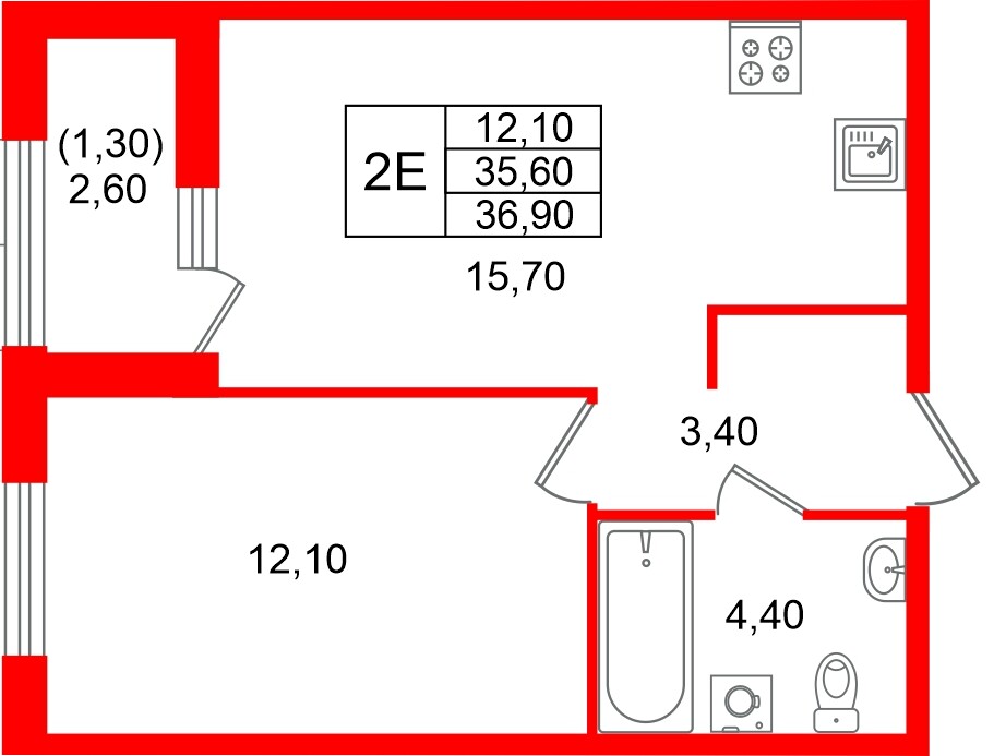 Квартира в ЖК «Лендлер», 1 комнатная, 36.9 м², 2 этаж