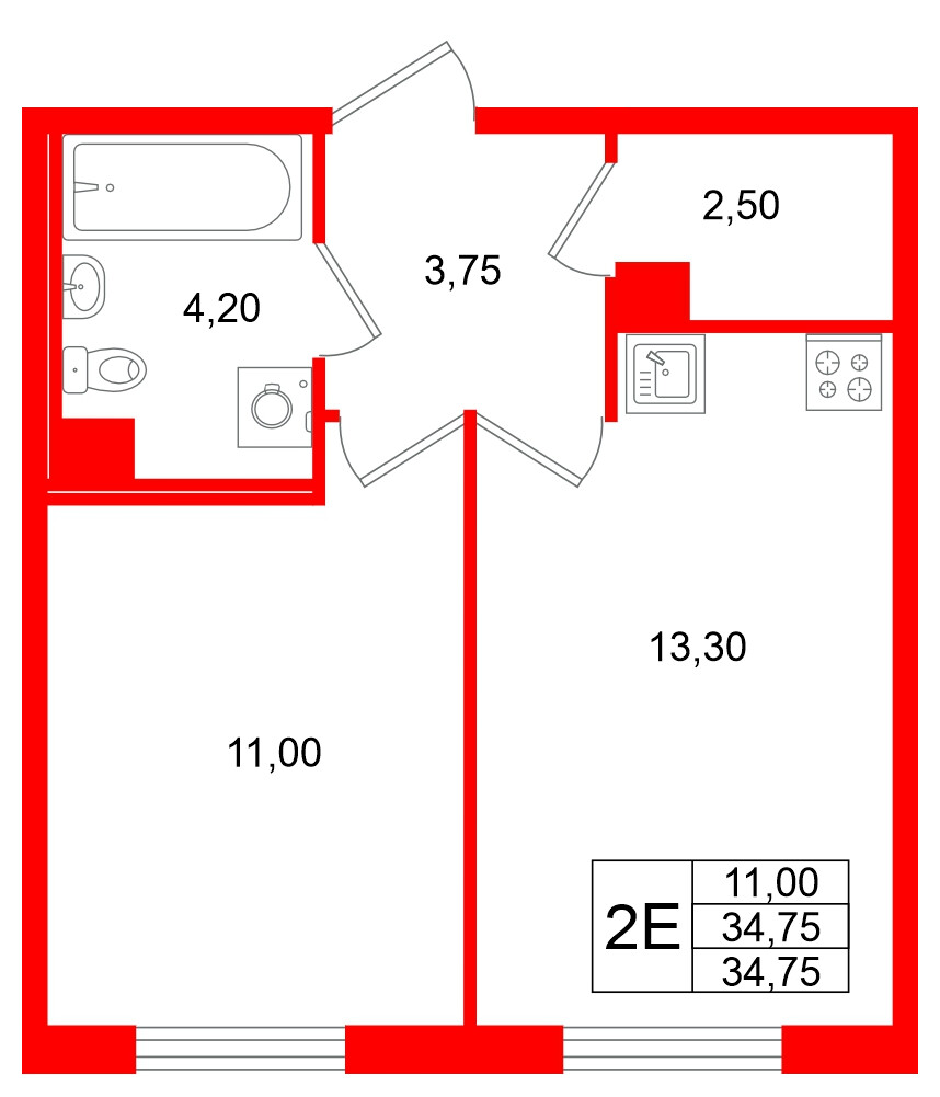 Квартира в ЖК Кинопарк, 1 комнатная, 34.75 м², 2 этаж
