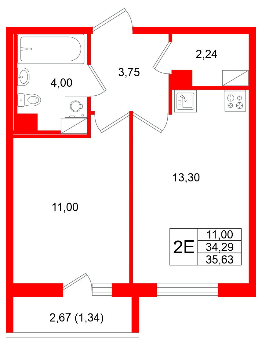 Квартира в ЖК Кинопарк, 1 комнатная, 35.63 м², 6 этаж