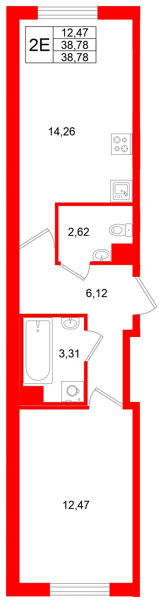 Квартира в ЖК Кинопарк, 1 комнатная, 38.78 м², 3 этаж