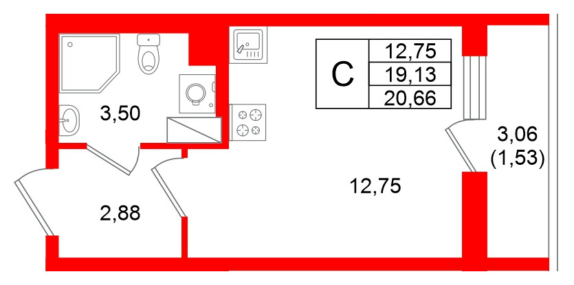 Квартира в ЖК Кинопарк, студия, 20.66 м², 3 этаж