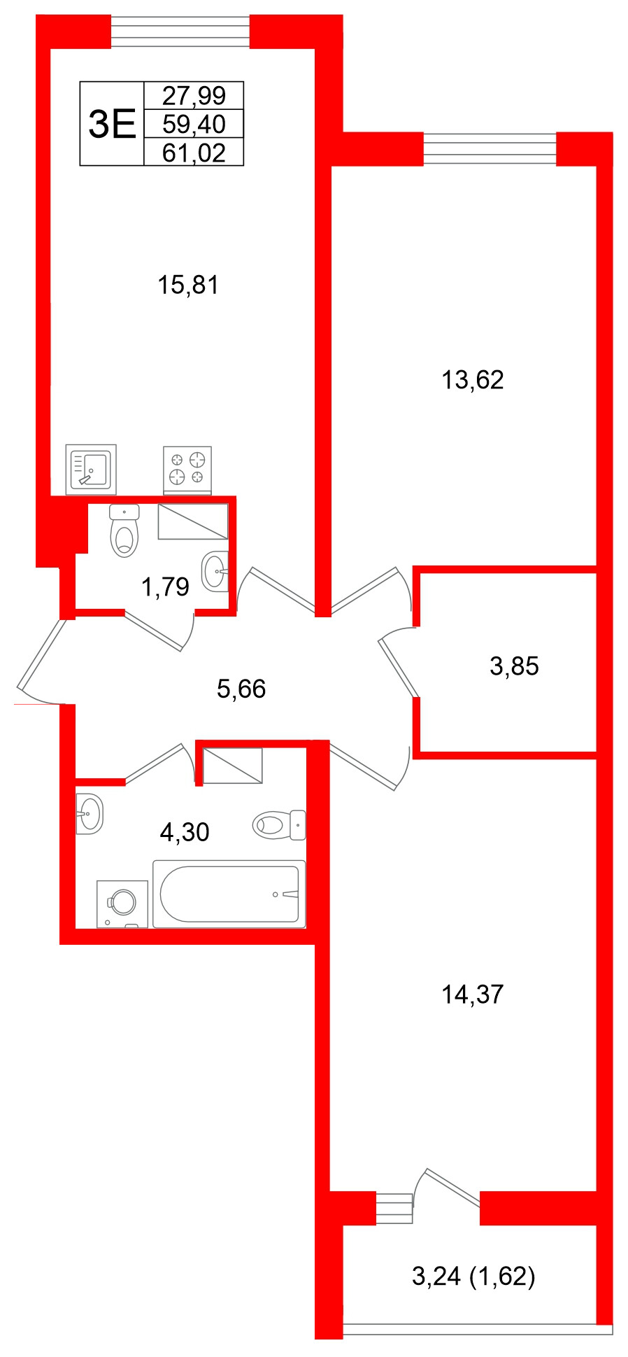 Квартира в ЖК Кинопарк, 2 комнатная, 61.02 м², 6 этаж
