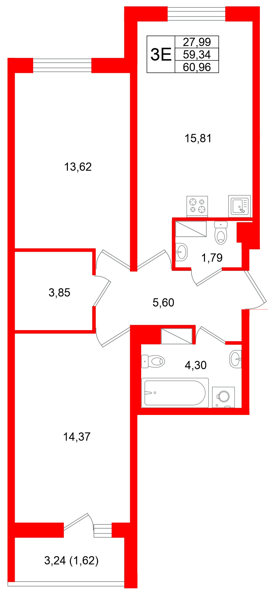 Квартира в ЖК Кинопарк, 2 комнатная, 60.96 м², 5 этаж