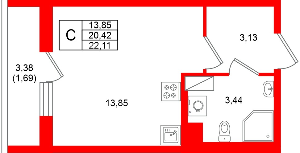 Квартира в ЖК «Кинопарк», студия, 22.11 м², 4 этаж