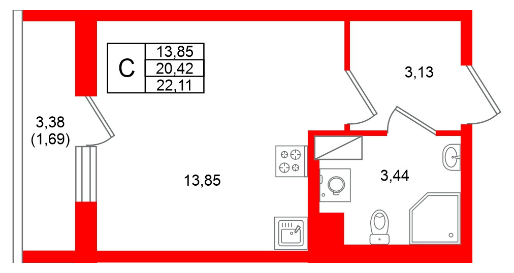 Квартира в ЖК Кинопарк, студия, 22.11 м², 9 этаж