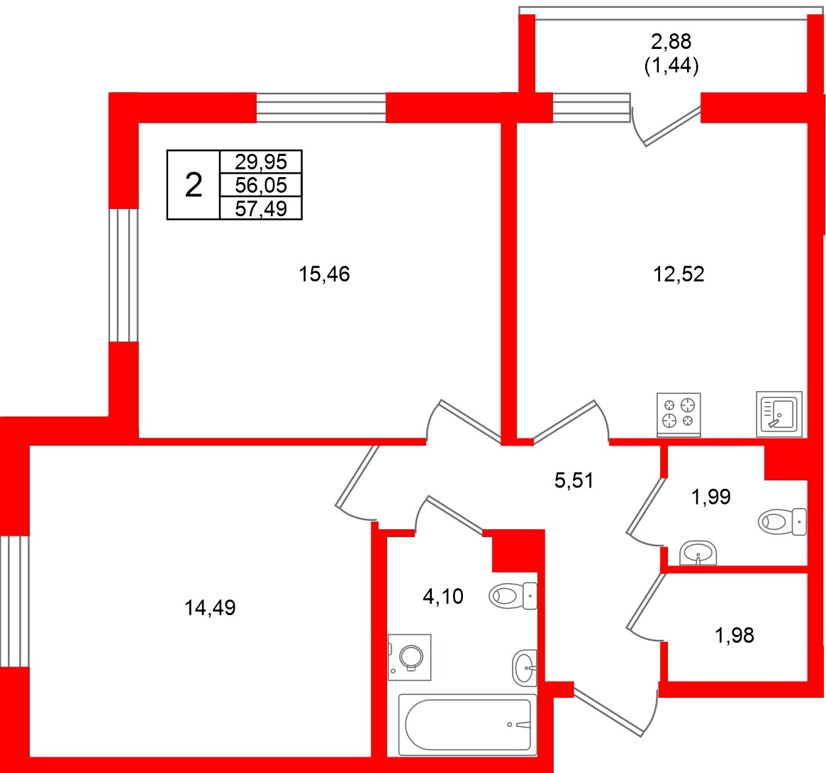 Квартира в ЖК Кинопарк, 2 комнатная, 57.49 м², 2 этаж