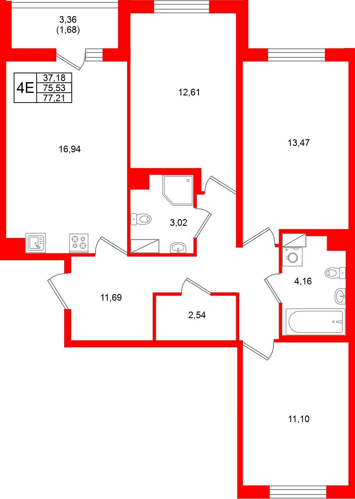 Квартира в ЖК Кинопарк, 3 комнатная, 77.21 м², 7 этаж