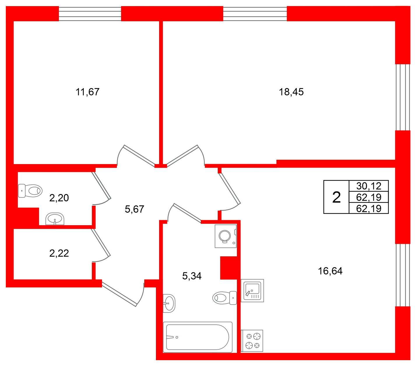 Квартира в ЖК Кинопарк, 2 комнатная, 62.19 м², 2 этаж