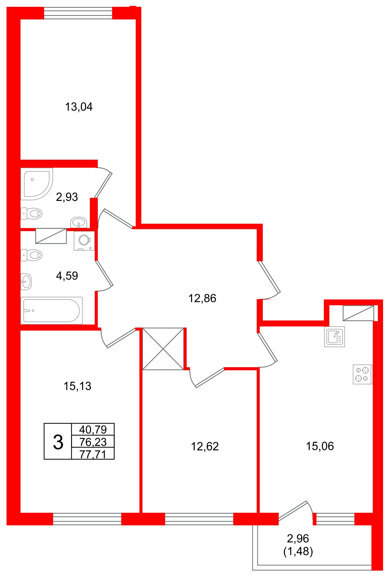 Квартира в ЖК Квартал Заречье, 3 комнатная, 77.71 м², 3 этаж