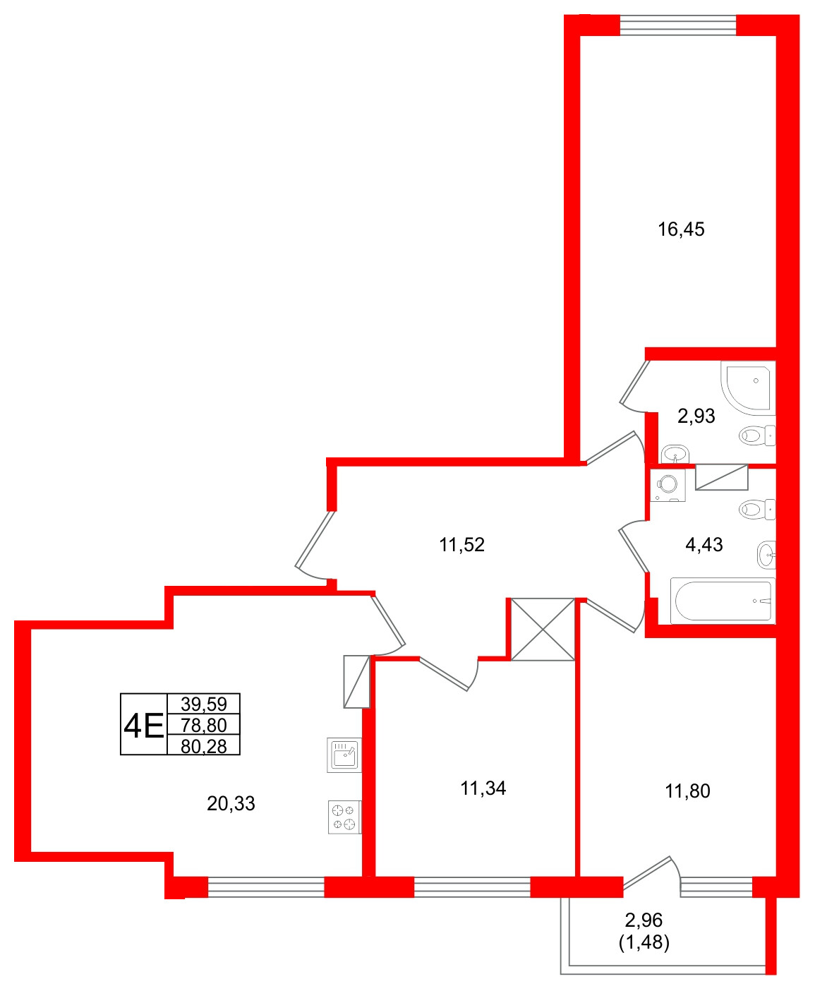 Квартира в ЖК Квартал Заречье, 3 комнатная, 80.28 м², 3 этаж