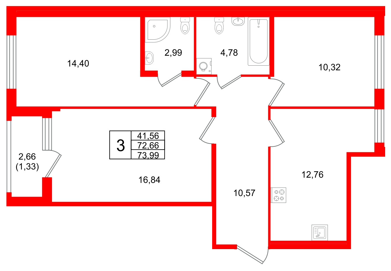 Квартира в ЖК Квартал Заречье, 3 комнатная, 73.99 м², 2 этаж