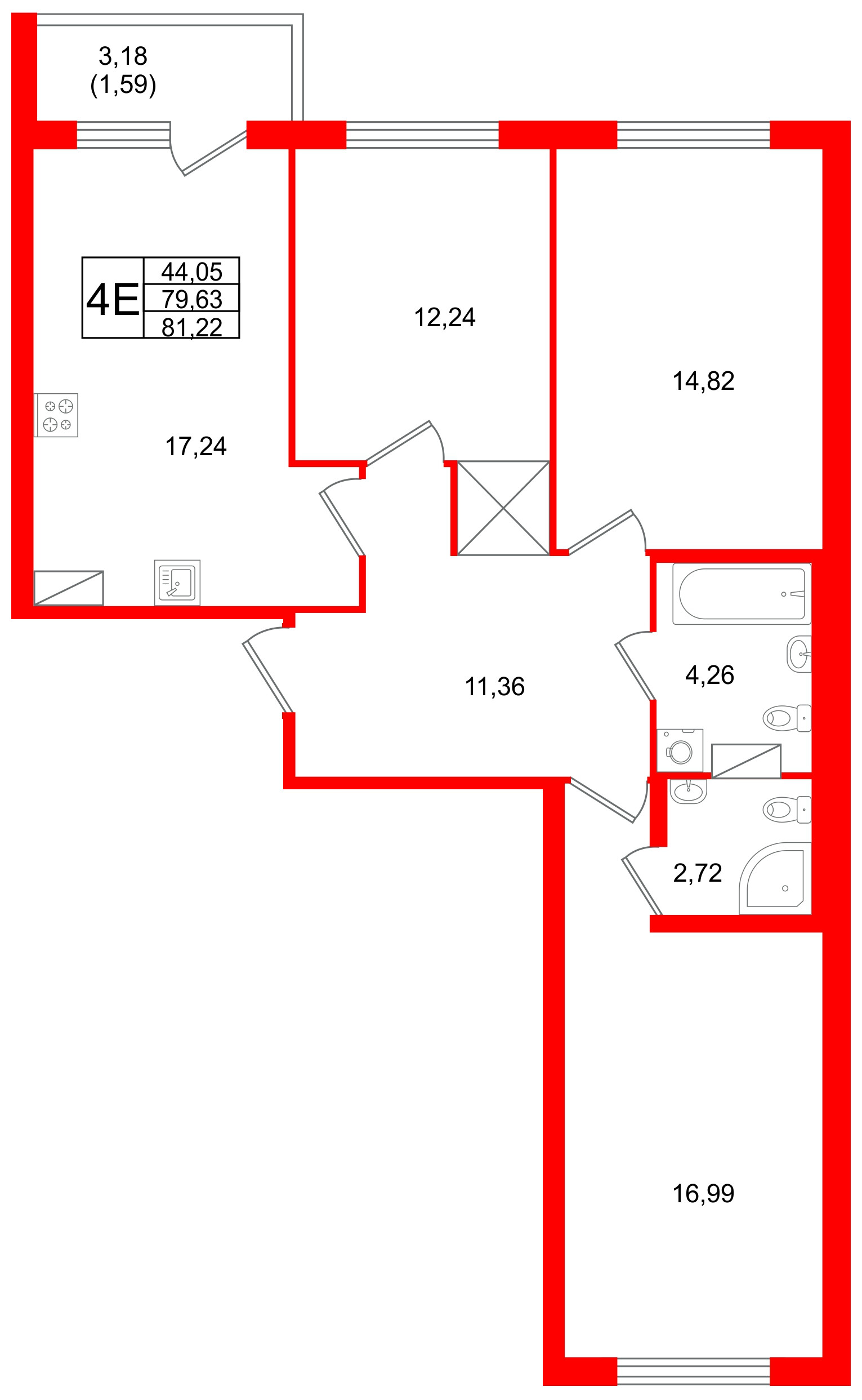 Квартира в ЖК Квартал Заречье, 3 комнатная, 81.22 м², 2 этаж