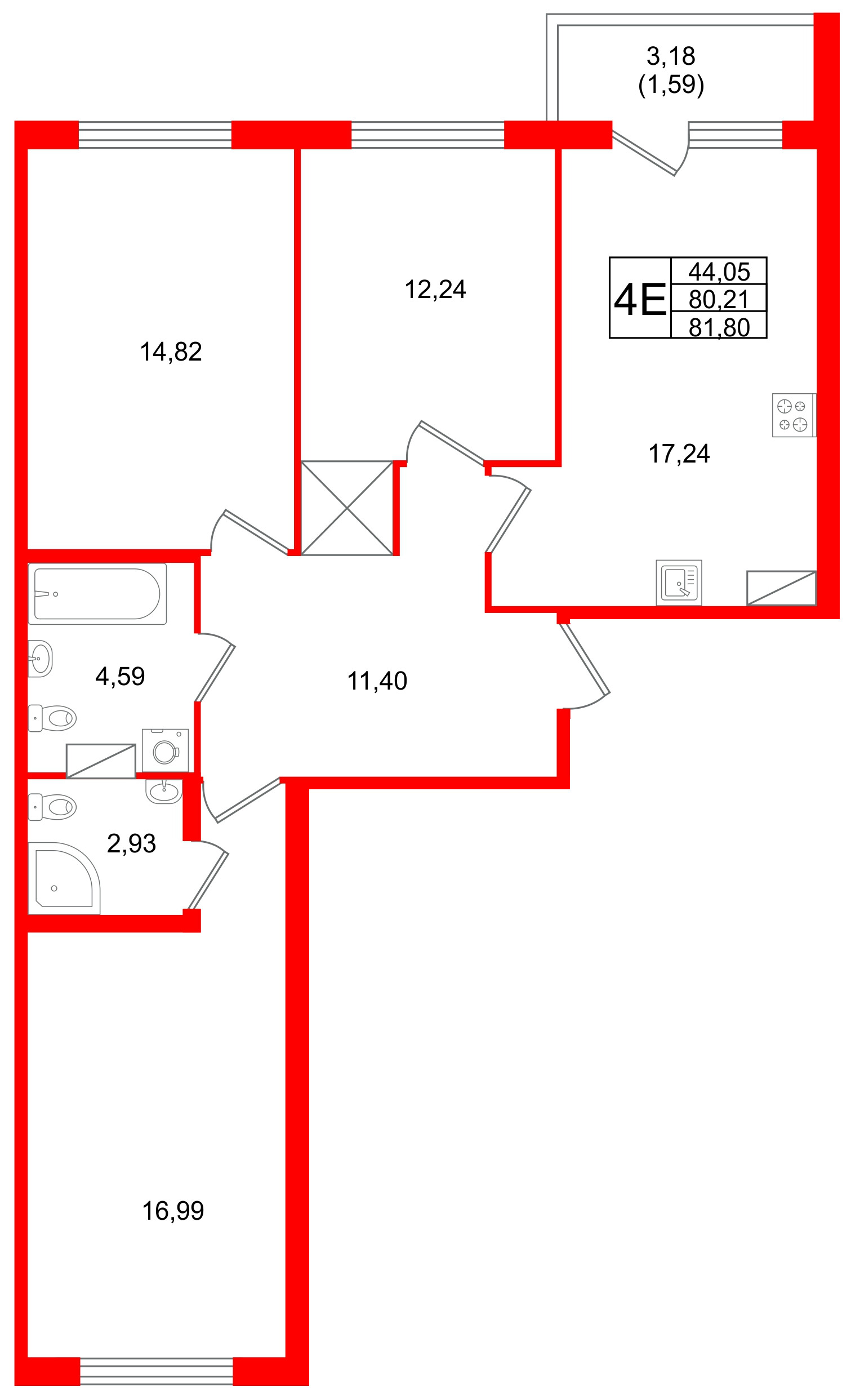Квартира в ЖК Квартал Заречье, 3 комнатная, 81.8 м², 2 этаж