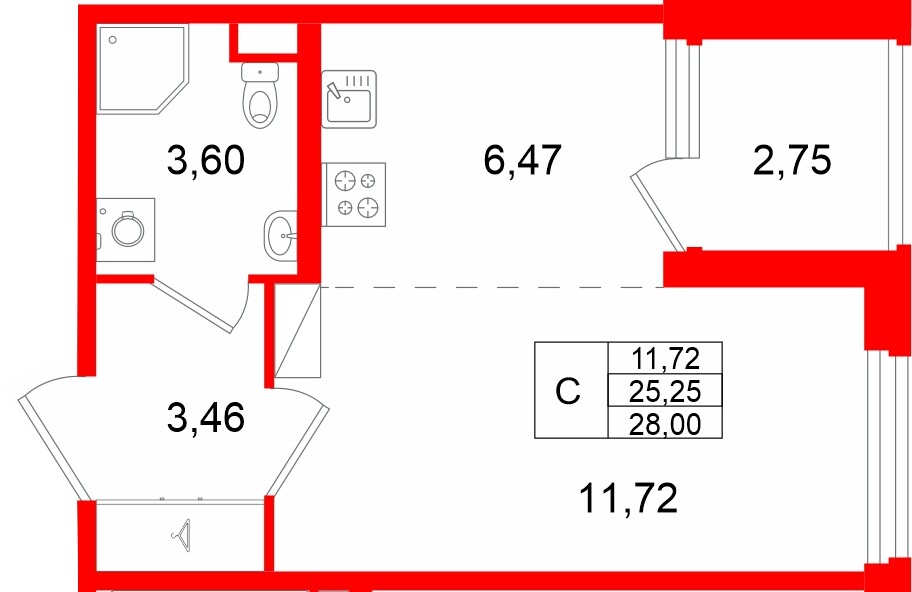 Квартира в ЖК «Дубровский», студия, 28 м², 3 этаж
