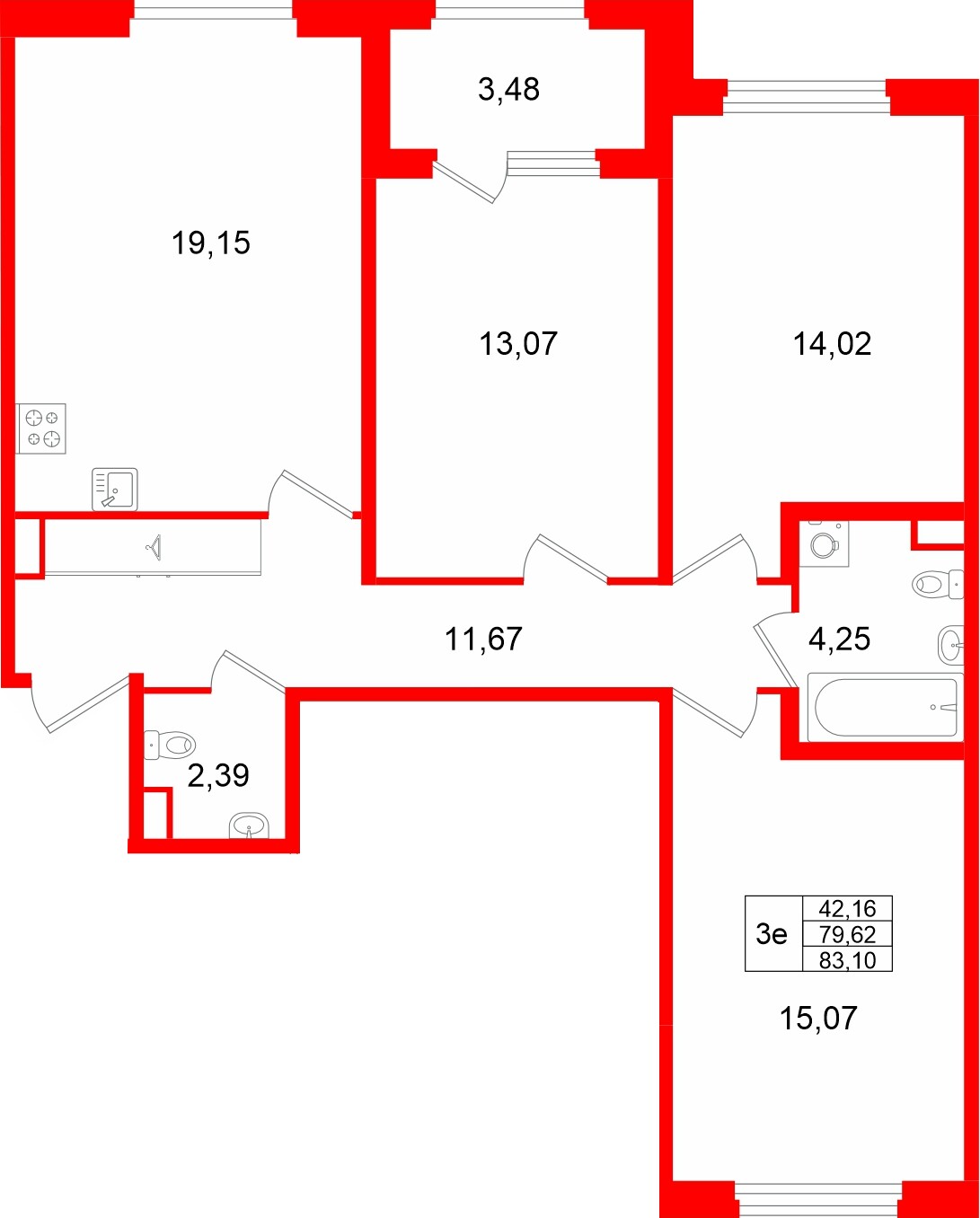 Квартира в ЖК Дубровский, 3 комнатная, 83.1 м², 1 этаж