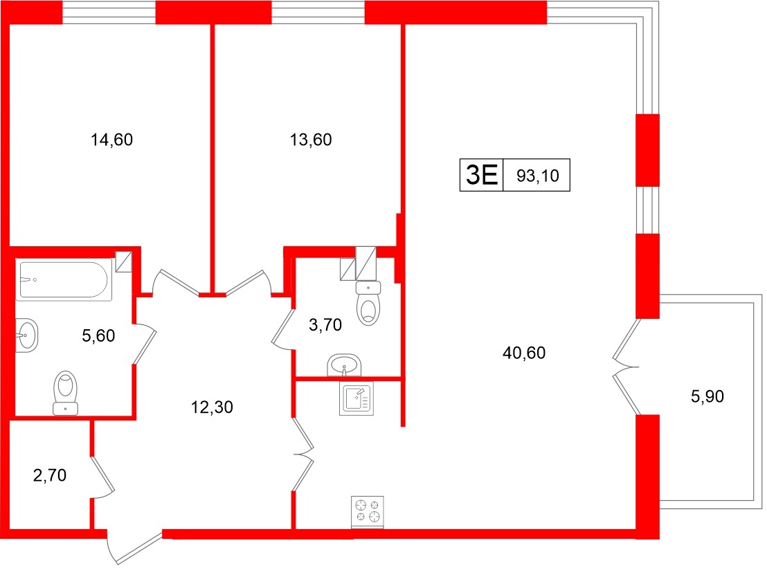 Апартаменты в ЖК «Репин», 2 комнатные, 93.1 м², 3 этаж