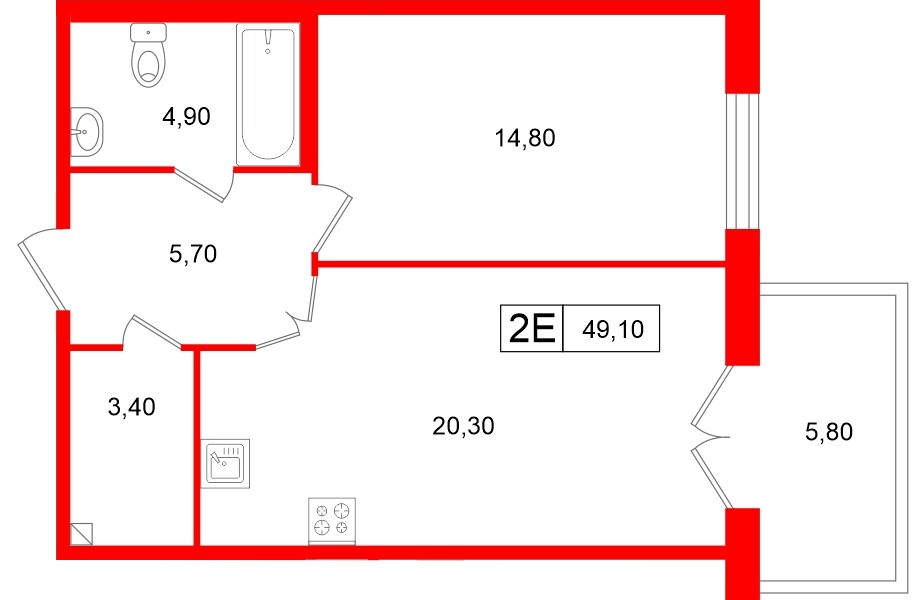 Апартаменты в ЖК «Репин», 1 комнатные, 49.1 м², 2 этаж