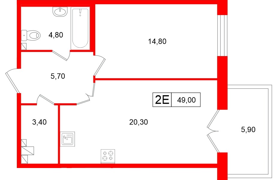 Апартаменты в ЖК «Репин», 1 комнатные, 49 м², 3 этаж