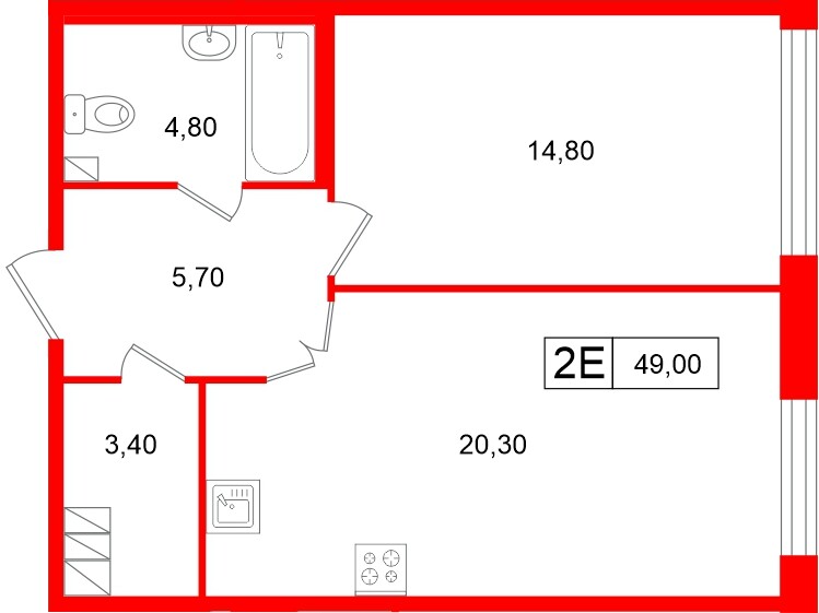 Апартаменты в ЖК «Репин», 1 комнатные, 49 м², 4 этаж