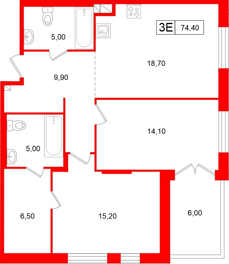Апартаменты в ЖК «Репин», 2 комнатные, 74.4 м², 2 этаж