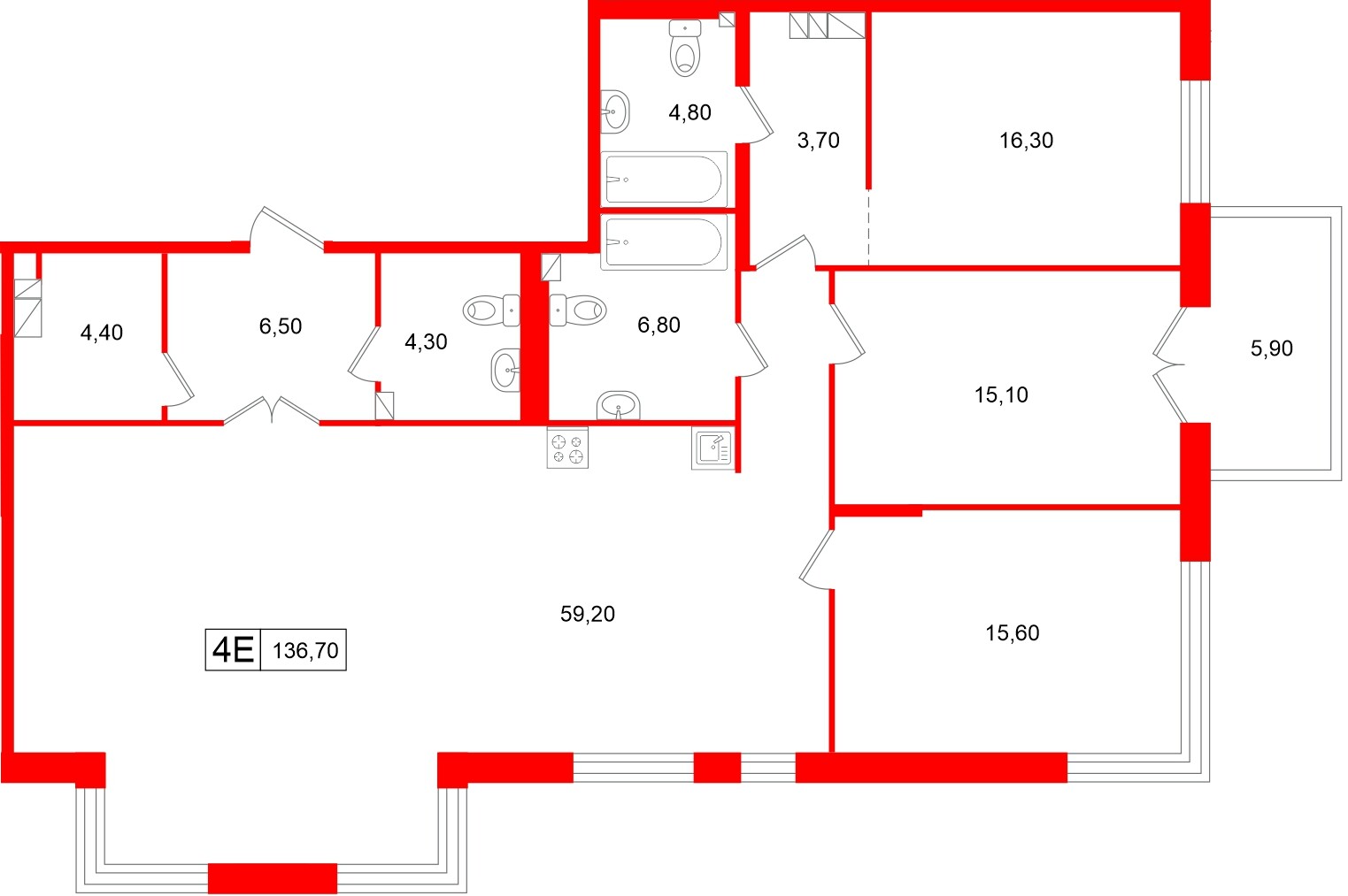 Апартаменты в ЖК «Репин», 3 комнатные, 136.7 м², 3 этаж