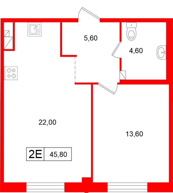 Апартаменты в ЖК «Репин», 1 комнатные, 45.8 м², 2 этаж