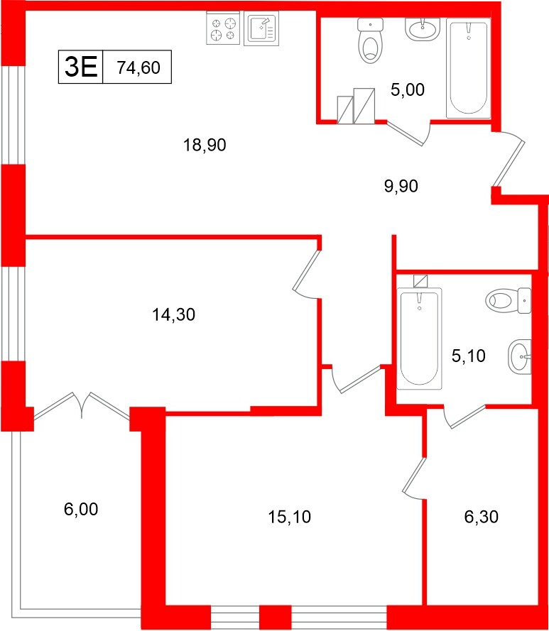 Апартаменты в ЖК «Репин», 2 комнатные, 74.6 м², 2 этаж