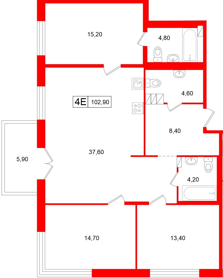 Апартаменты в ЖК Репин, 3 комнатные, 102.9 м², 4 этаж