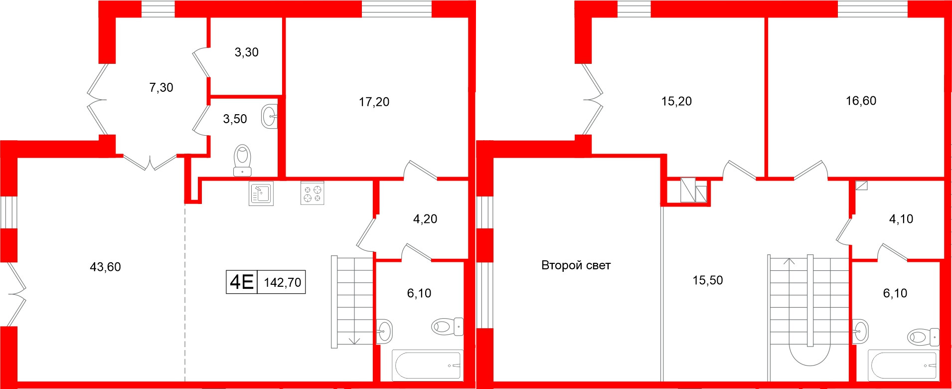 Апартаменты в ЖК Репин, 3 комнатные, 142.7 м², 1 этаж