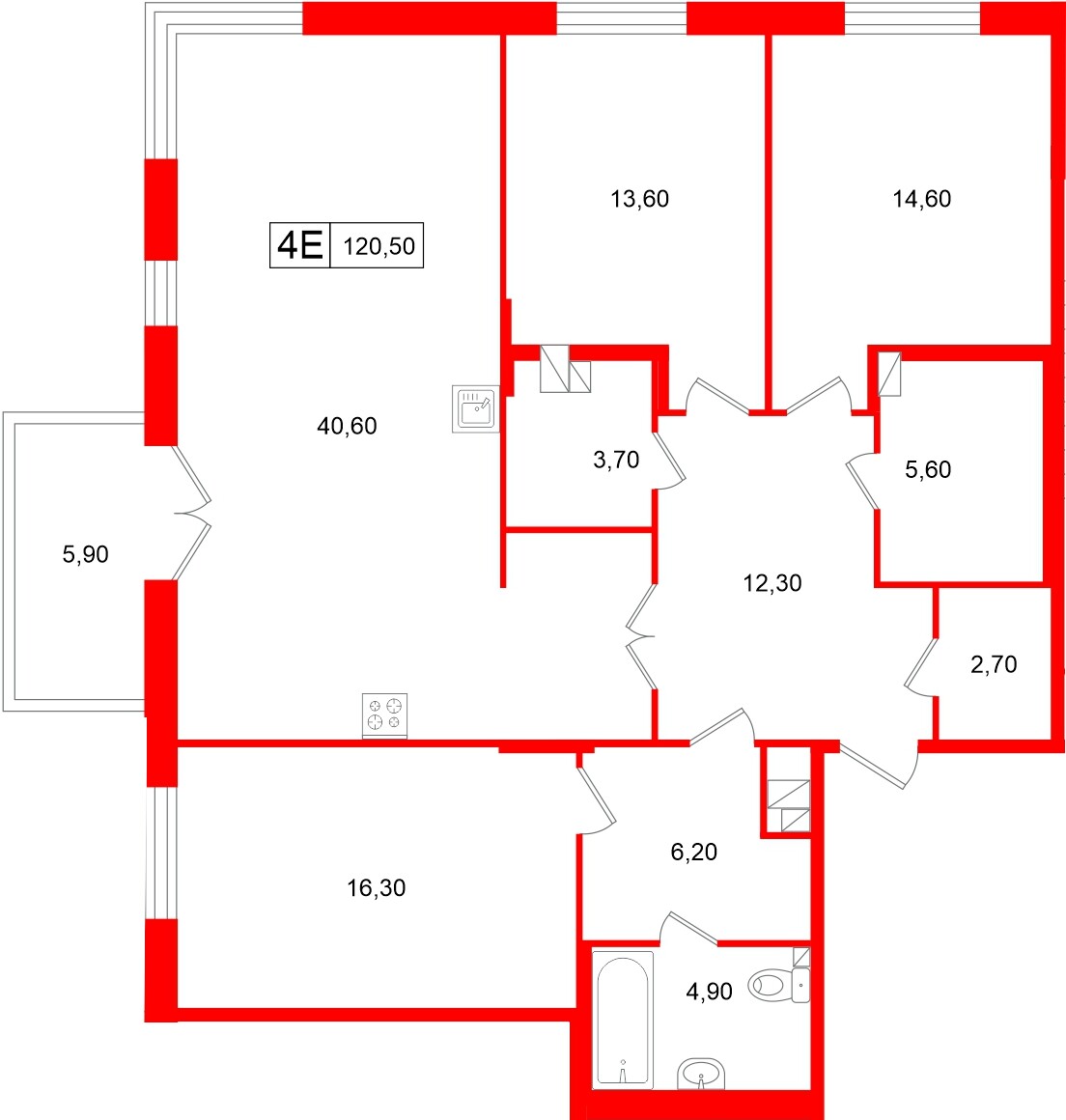 Апартаменты в ЖК «Репин», 3 комнатные, 120.5 м², 3 этаж