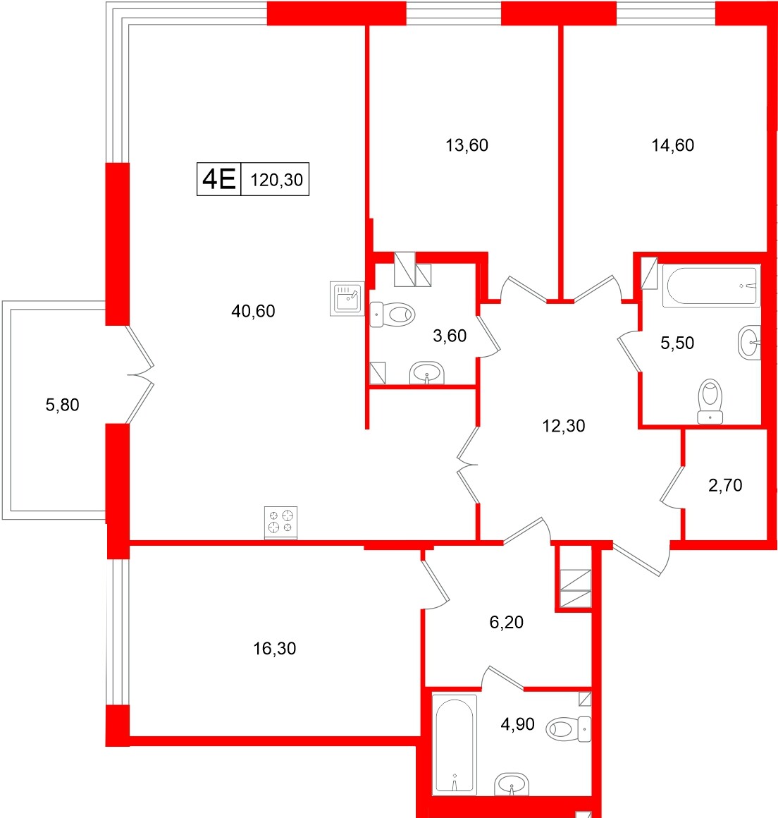 Апартаменты в ЖК Репин, 3 комнатные, 120.3 м², 4 этаж