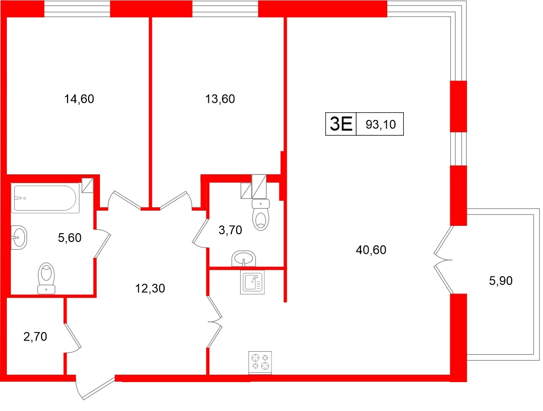 Апартаменты в ЖК «Репин», 2 комнатные, 93.1 м², 3 этаж