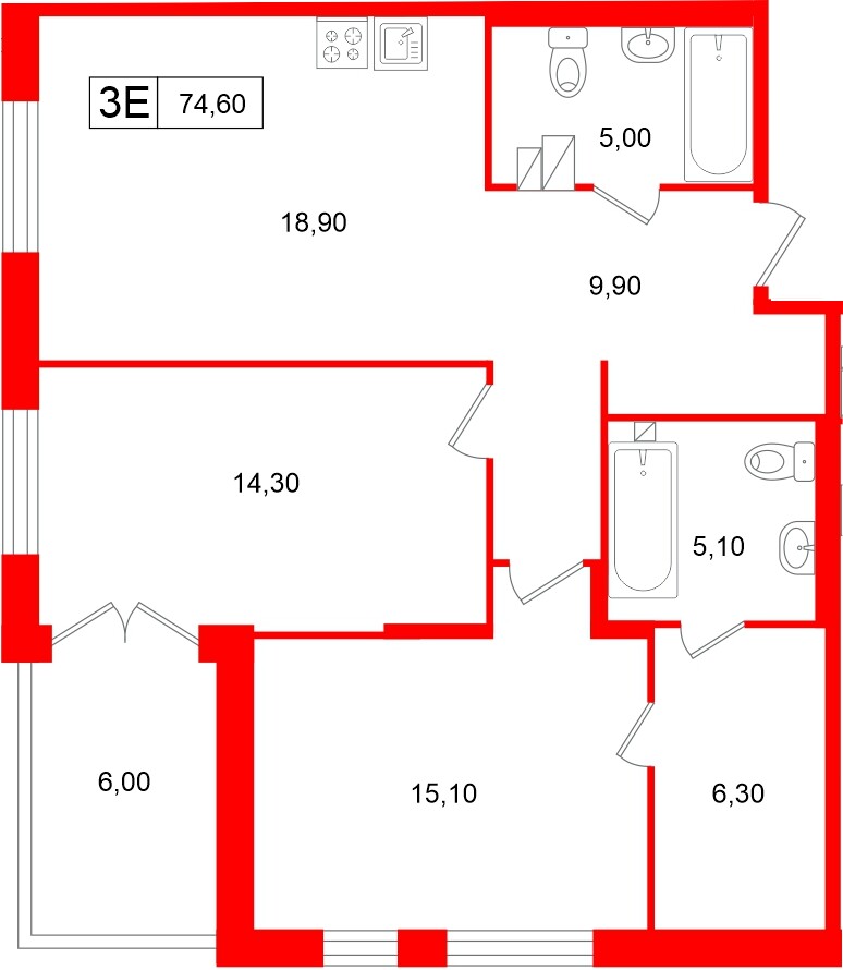 Апартаменты в ЖК «Репин», 2 комнатные, 74.6 м², 2 этаж