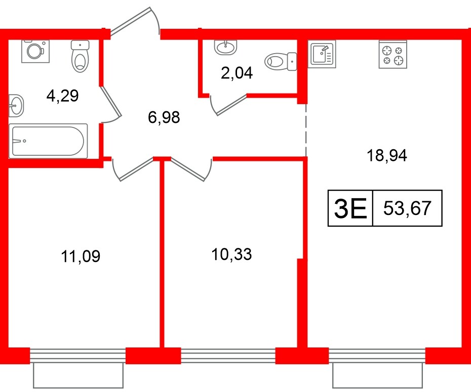Квартира в ЖК «Таллинский парк», 2 комнатная, 53.67 м², 2 этаж