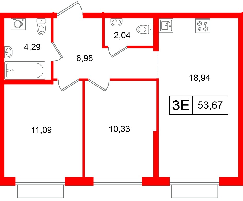 Квартира в ЖК «Таллинский парк», 2 комнатная, 53.67 м², 8 этаж