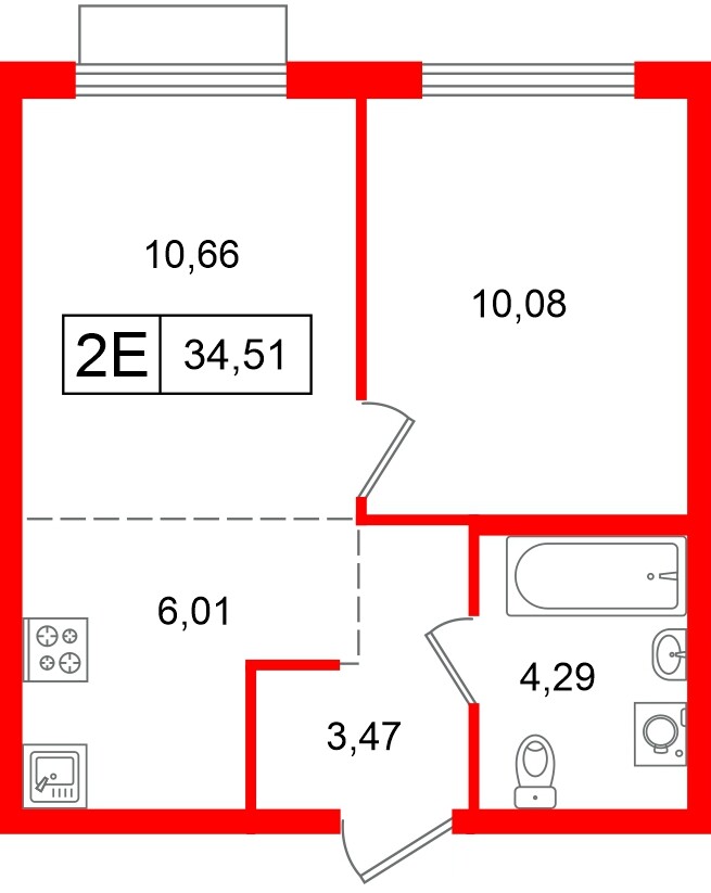 Квартира в ЖК «Таллинский парк», 1 комнатная, 34.51 м², 6 этаж