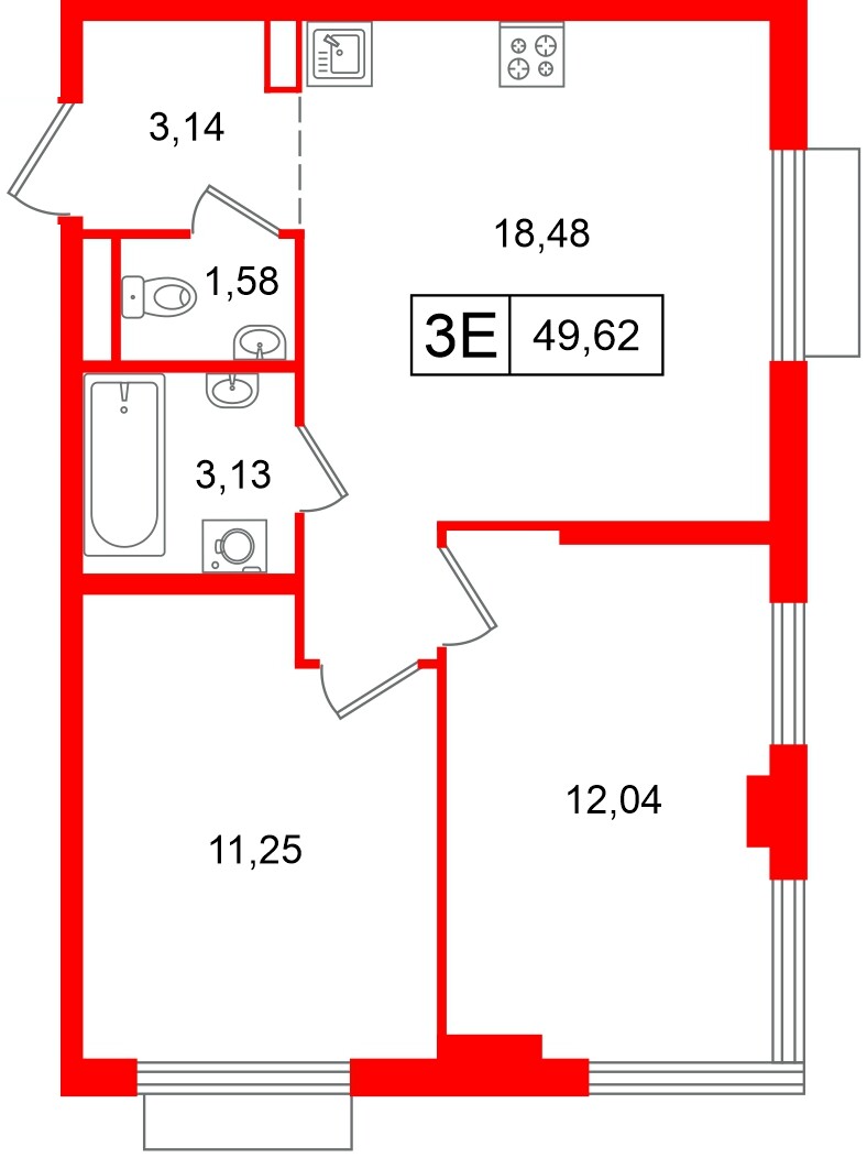 Квартира в ЖК «Таллинский парк», 2 комнатная, 49.62 м², 2 этаж