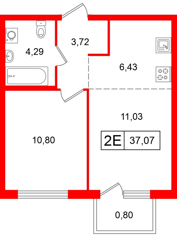 Квартира в ЖК «Таллинский парк», 1 комнатная, 34.51 м², 3 этаж