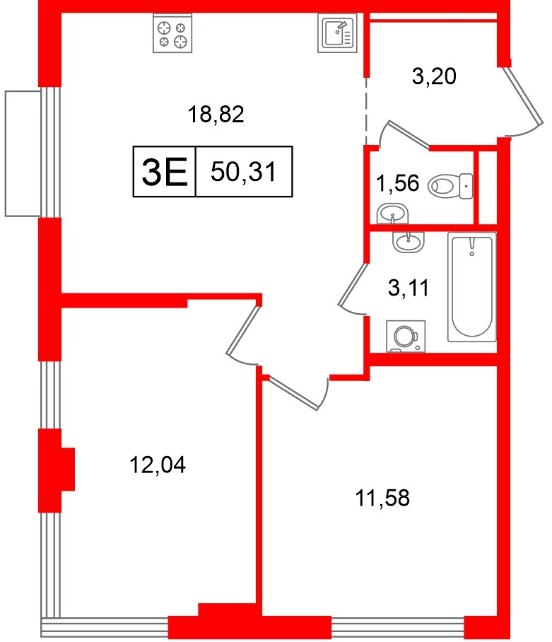 Квартира в ЖК Таллинский парк, 2 комнатная, 50.31 м², 2 этаж
