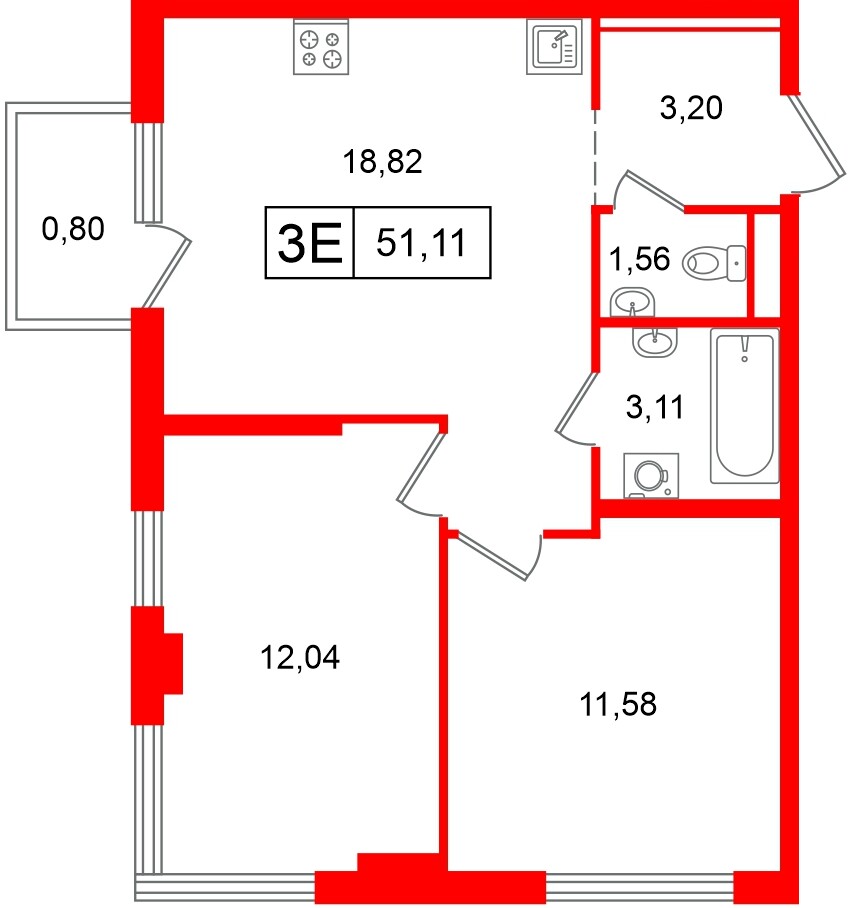 Квартира в ЖК Таллинский парк, 2 комнатная, 51.11 м², 4 этаж