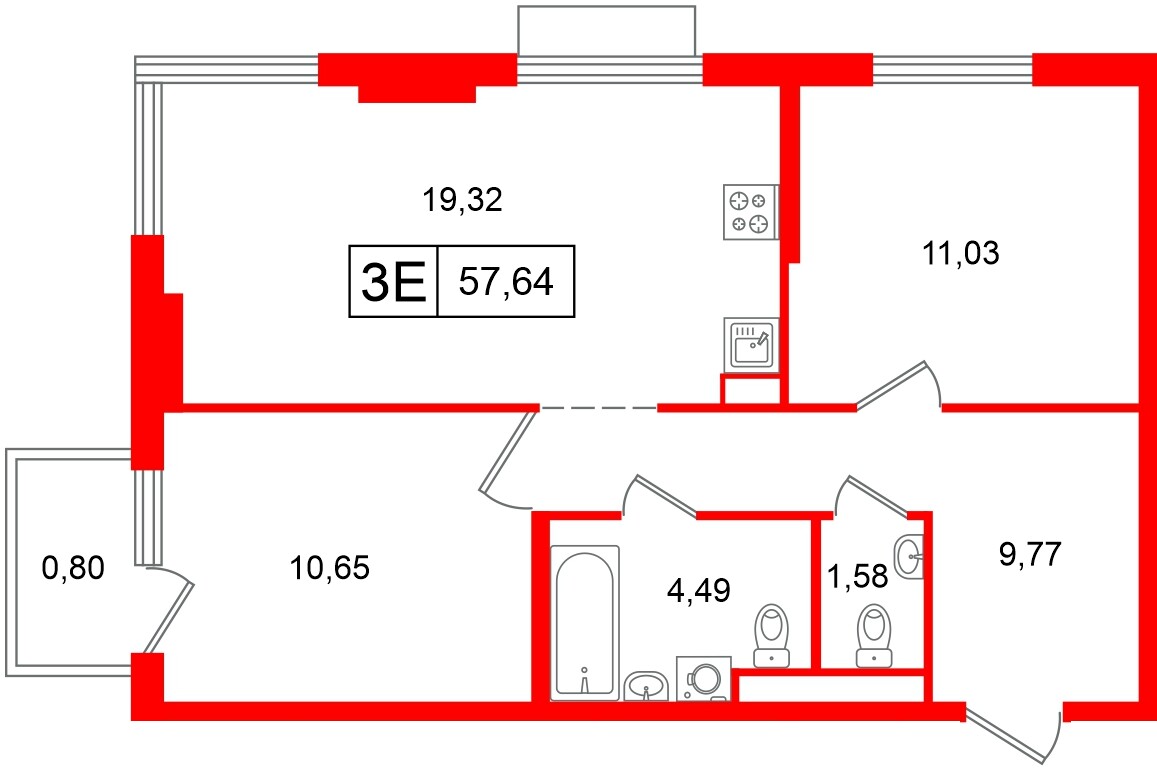 Квартира в ЖК «Таллинский парк», 2 комнатная, 57.64 м², 9 этаж
