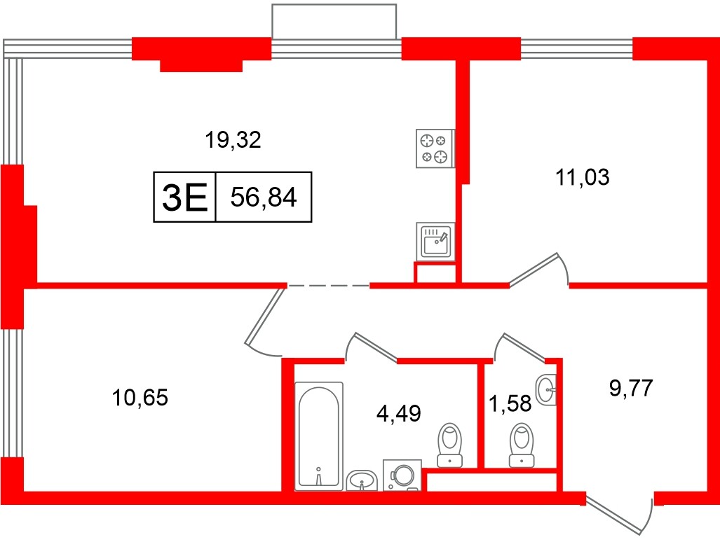 Квартира в ЖК «Таллинский парк», 2 комнатная, 56.84 м², 11 этаж