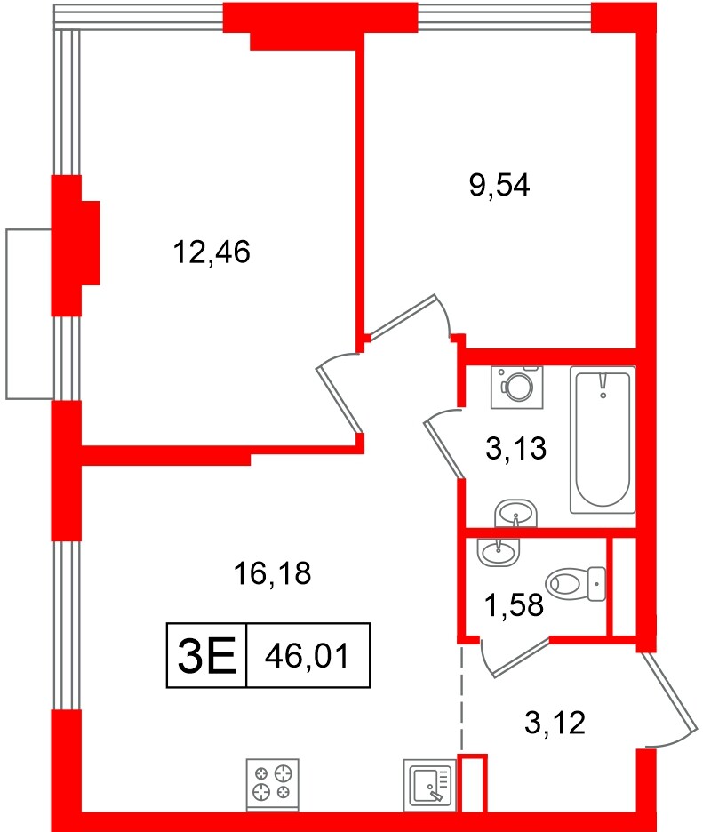 Квартира в ЖК «Таллинский парк», 2 комнатная, 46.01 м², 7 этаж