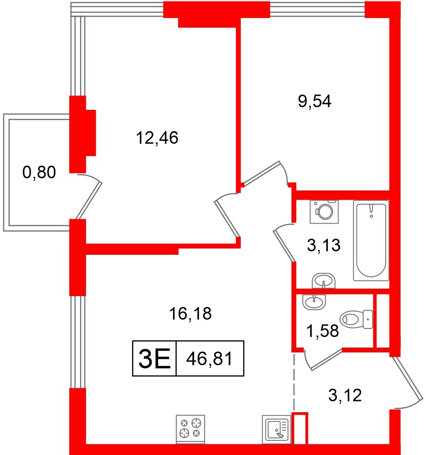 Квартира в ЖК «Таллинский парк», 2 комнатная, 46.81 м², 8 этаж
