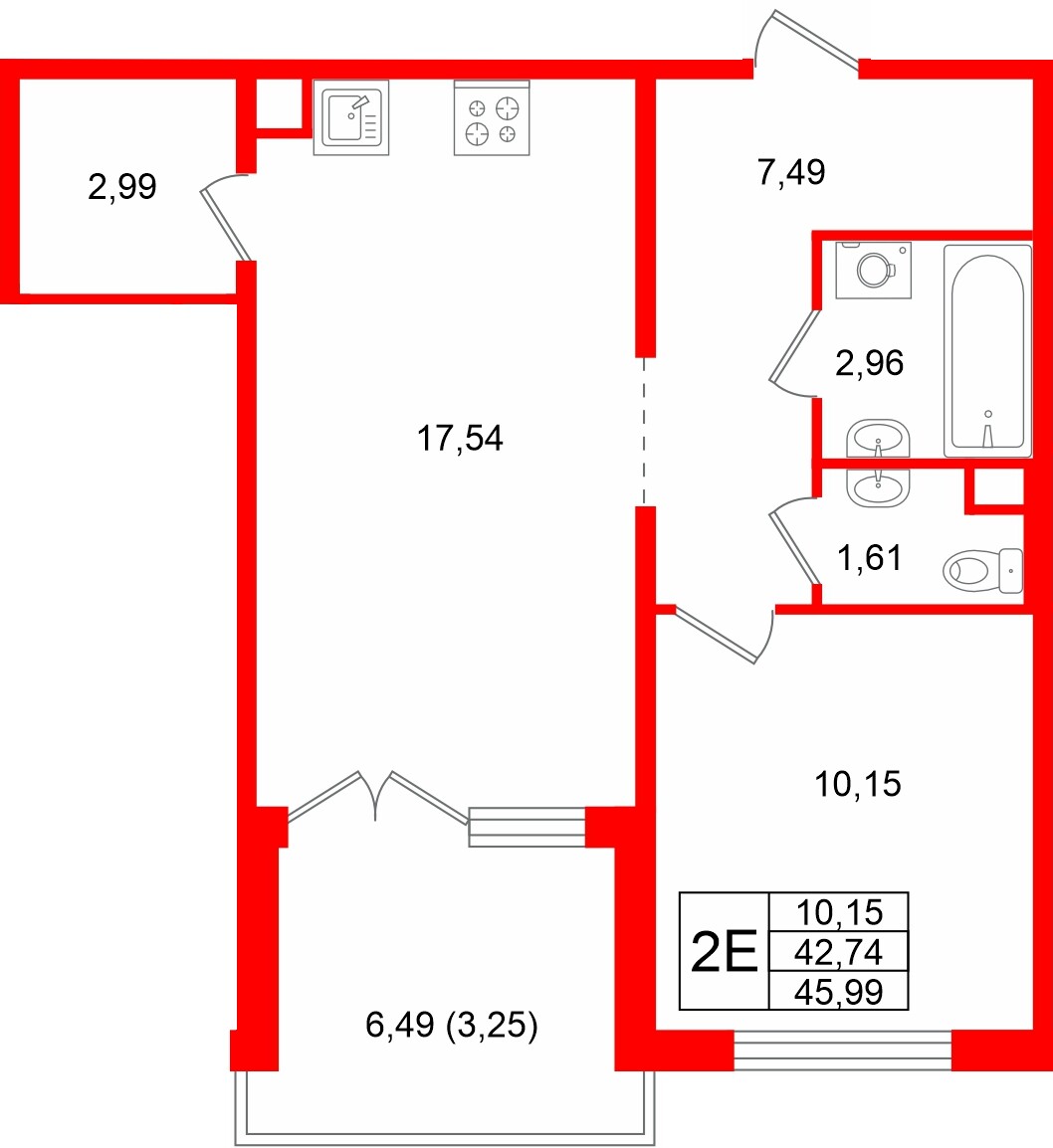 Квартира в ЖК Тишин, 1 комнатная, 45.99 м², 9 этаж