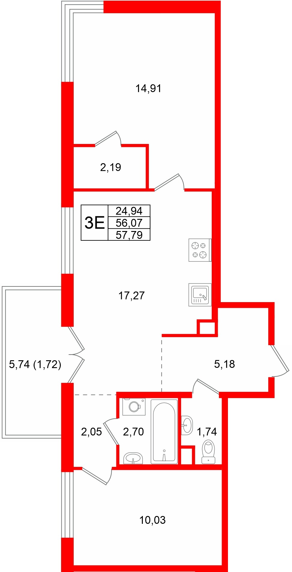 Квартира в ЖК Тишин, 2 комнатная, 57.79 м², 6 этаж