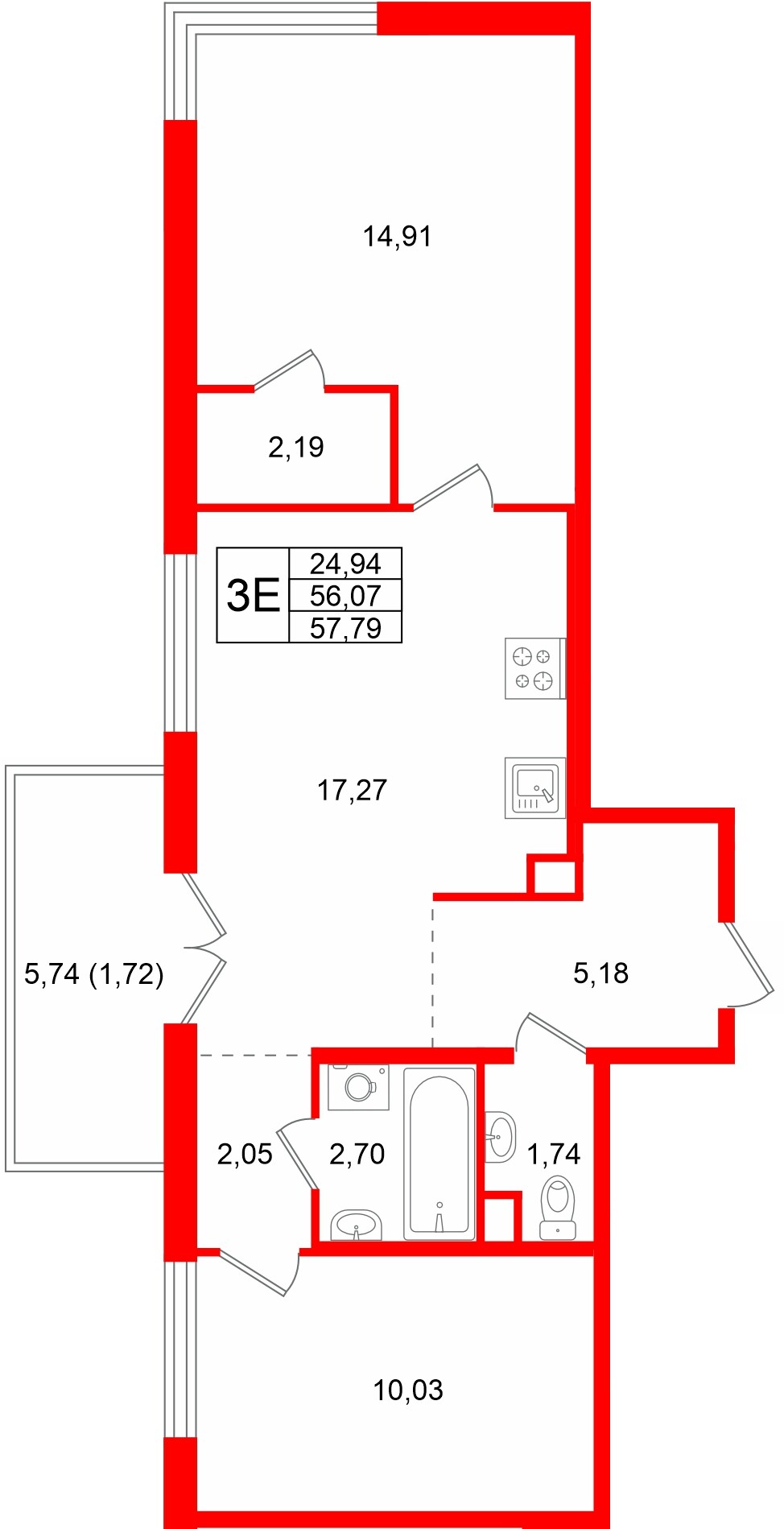 Квартира в ЖК Тишин, 2 комнатная, 57.79 м², 10 этаж