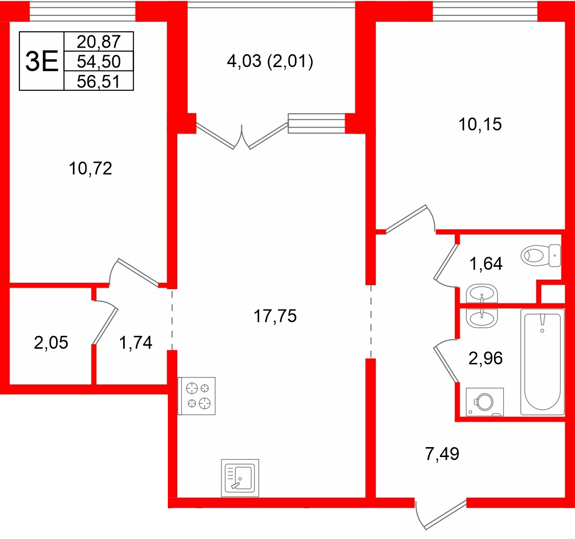Квартира в ЖК Тишин, 2 комнатная, 56.51 м², 3 этаж