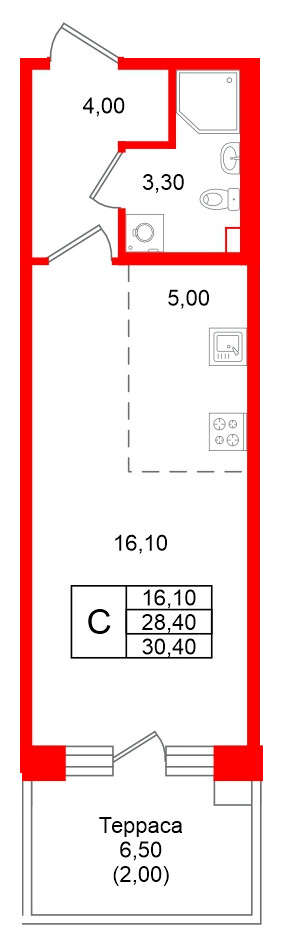 Квартира в ЖК Кронунг Юг, студия, 30.4 м², 1 этаж