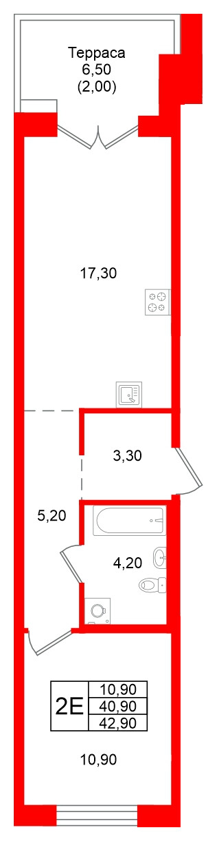 Квартира в ЖК Кронунг Юг, 1 комнатная, 42.9 м², 1 этаж
